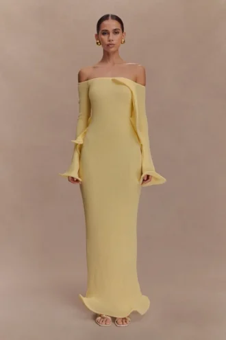 Sandrine Off Shoulder Knit Maxi Dress – Lemon Sandrine Off Shoulder Knit Maxi Dress – Lemon