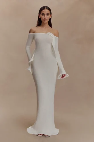 Sandrine Off Shoulder Knit Maxi Dress – White Sandrine Off Shoulder Knit Maxi Dress – White