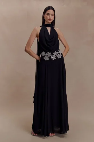 Santal Floral Chiffon Halter Maxi Dress – Black