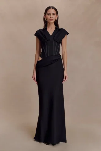 Saphira Shirt Corset Maxi Dress – Black