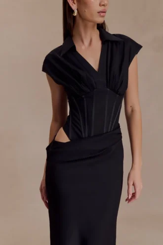Saphira Shirt Corset Maxi Dress – Black