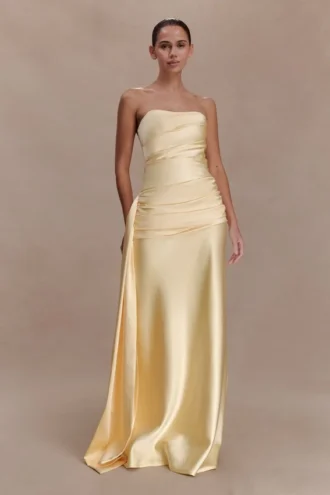 Sarah Strapless Maxi Dress With Waist Tie – Lemon
