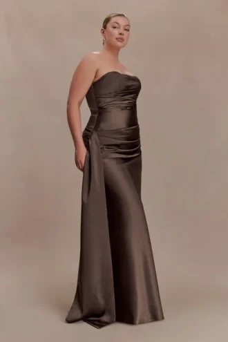 Sarah Strapless Maxi Dress With Waist Tie – Mocha