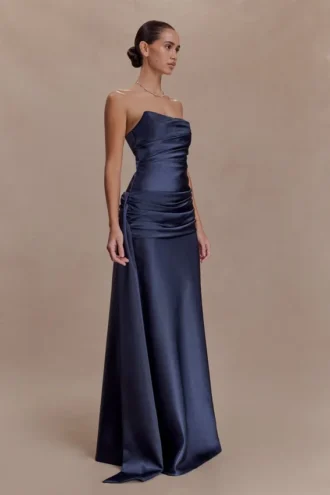 Sarah Strapless Maxi Dress With Waist Tie – Navy