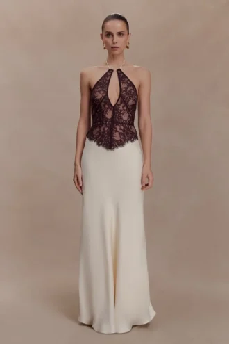 Sascha Lace And Satin Halter Maxi Dress – Ivory/Chocolate