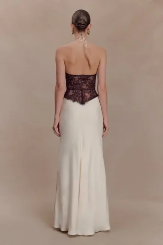 Sascha Lace And Satin Halter Maxi Dress – Ivory/Chocolate