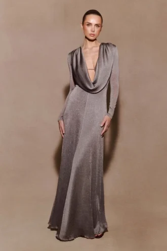 Scarlet Lurex Cowl Maxi Dress – Silver
