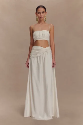 Scottie Gathered Linen Knot Maxi Skirt – Oat Marle