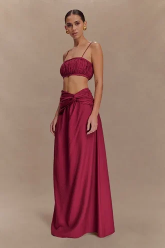 Scottie Gathered Linen Knot Maxi Skirt – Wine