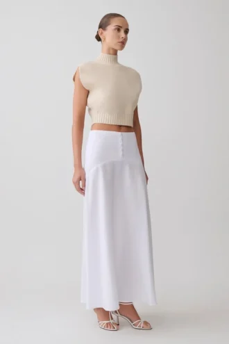 Selma Curved Waist Midi Skirt – White