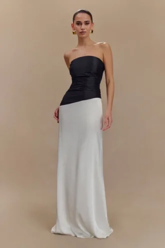 Serena Strapless Taffeta Maxi Dress – White/Black