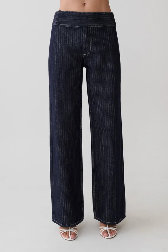 Sienna Flare Mid Rise Denim Jeans – Indigo Pinstripe Sienna Flare Mid Rise Denim Jeans – Indigo Pinstripe