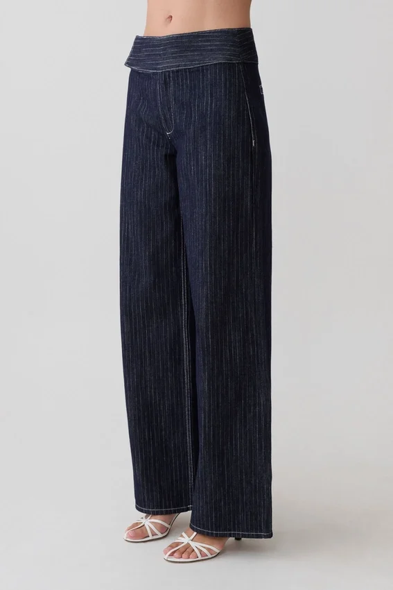 Sienna Flare Mid Rise Denim Jeans – Indigo Pinstripe Sienna Flare Mid Rise Denim Jeans – Indigo Pinstripe