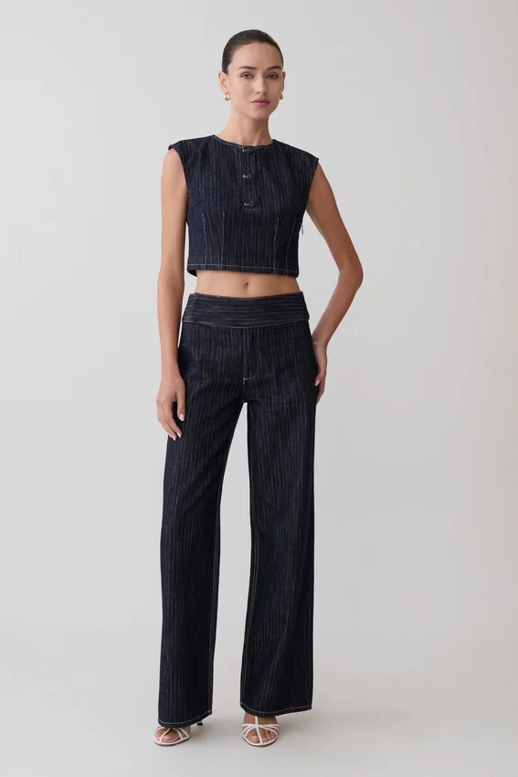 Sienna Flare Mid Rise Denim Jeans – Indigo Pinstripe Sienna Flare Mid Rise Denim Jeans – Indigo Pinstripe