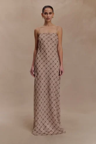 Silvana Chiffon Maxi Dress – Snake Check Print Mocha