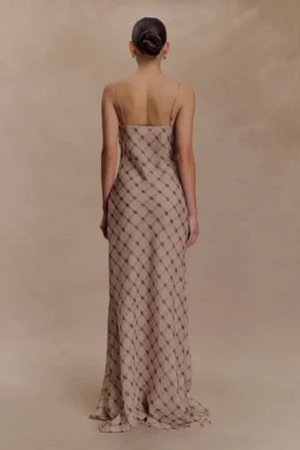 Silvana Chiffon Maxi Dress – Snake Check Print Mocha