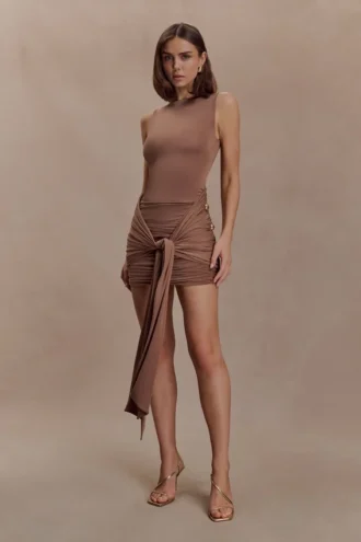 Sinead Slinky Mini Dress With Hardware – Mocha