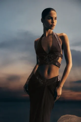 Siren Satin And Diamante Halter Top – Dark Chocolate
