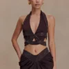 Siren Satin And Diamante Halter Top – Dark Chocolate