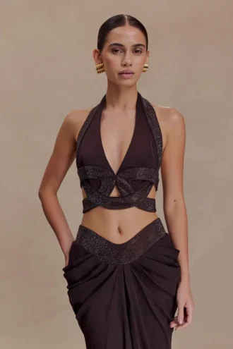 Siren Satin And Diamante Halter Top – Dark Chocolate