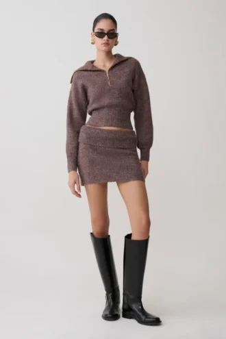 Skylaine Knit Mini Skirt – Brown Marle