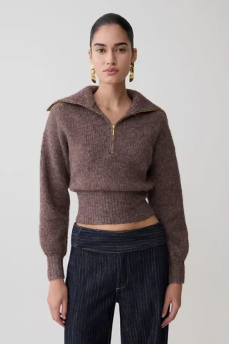 Skylaine Zip Knit Jumper – Brown Marle