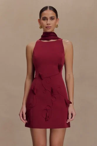 Skyler Suiting Embroidered Mini Dress – Wine