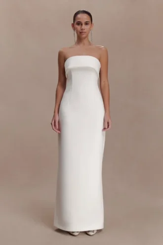 Sloane Strapless Maxi Dress With Pearls – White