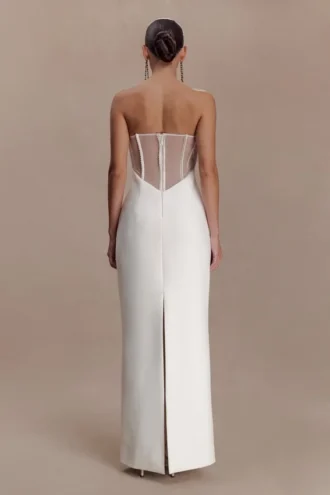 Sloane Strapless Maxi Dress With Pearls – White