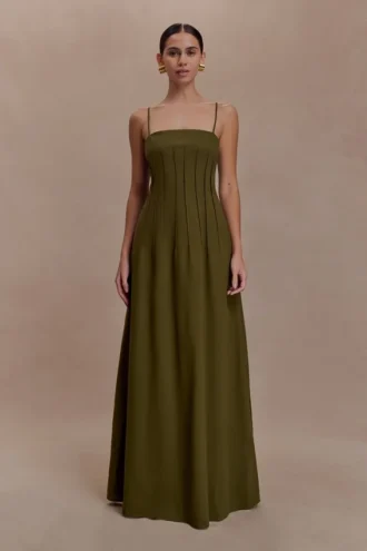 Sofie Pintuck Linen Maxi Dress – Khaki