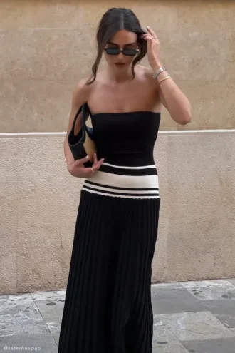 Solaris Strapless Contrast Knit Maxi Dress – Black/White