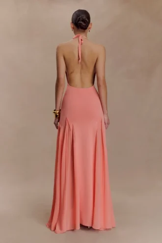 Soleil Knit And Mesh Halter Maxi Dress – Coral