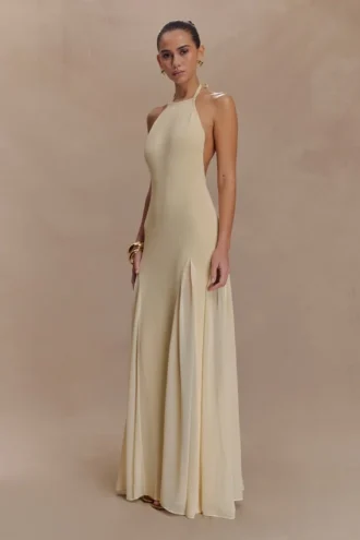Soleil Knit And Mesh Halter Maxi Dress – Cream