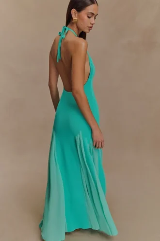 Soleil Knit And Mesh Halter Maxi Dress – Lagoon