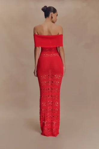 Solstice Off Shoulder Crochet Knit Maxi Dress – Blood Orange