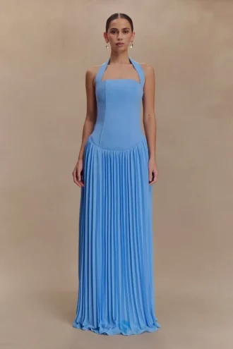 Stacie Pleated Halter Maxi Dress – Bright Blue