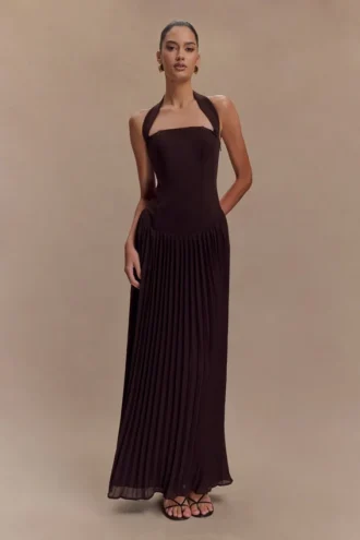 Stacie Pleated Halter Maxi Dress – Cacao