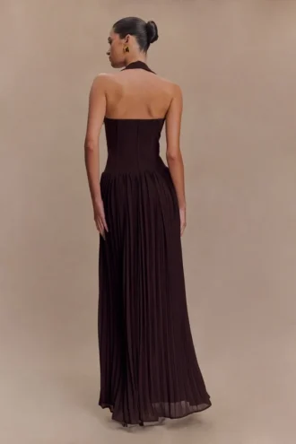 Stacie Pleated Halter Maxi Dress – Cacao