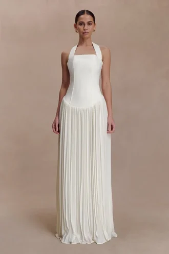 Stacie Pleated Halter Maxi Dress – Ivory