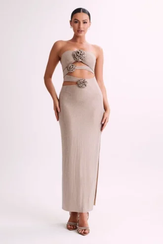 Stassie Strapless Rose Diamante Maxi Dress – Nude