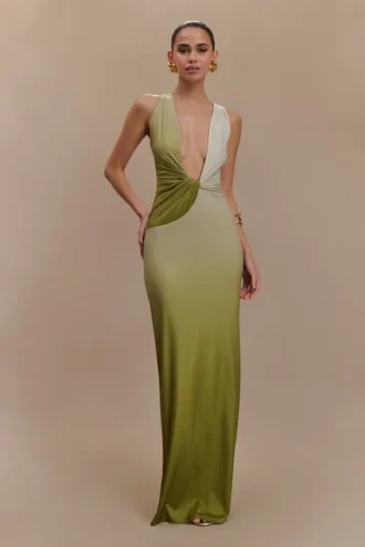 Stella Draped Slinky Maxi Dress – Ombre Vintage Olive