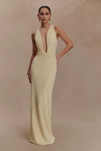 Stella Draped Slinky Maxi Dress – Pale Lemon