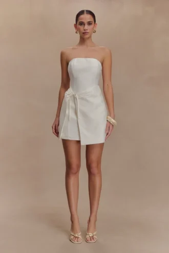 Steph Strapless Linen Mini Dress – White