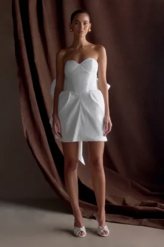 Suzette Taffeta Bow Mini Dress – White