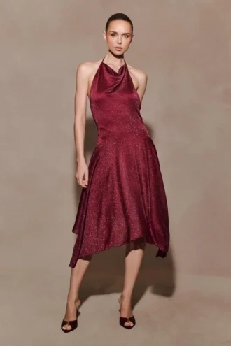Sylvie Lurex Hankie Midi Dress – Wine
