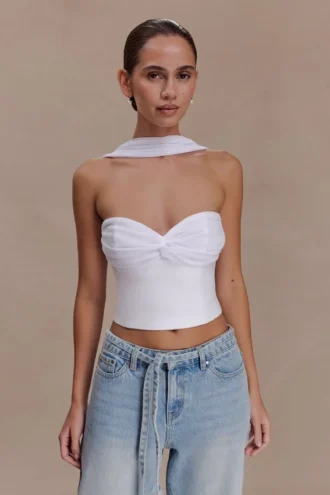 Talia Chiffon And Linen Halter Top – White