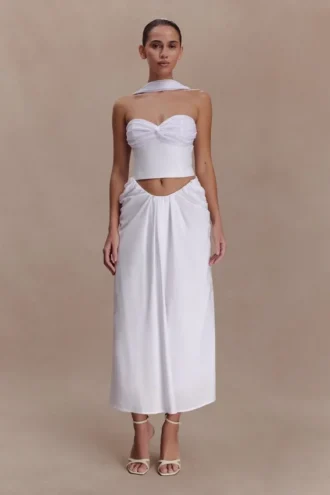 Talia Draped Linen Midi Skirt – White