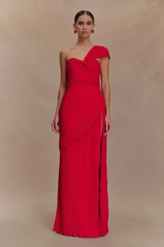 Tamara Shirred Chiffon Midi Dress – Red