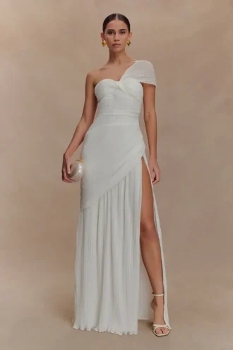 Tamara Shirred Chiffon Midi Dress – White