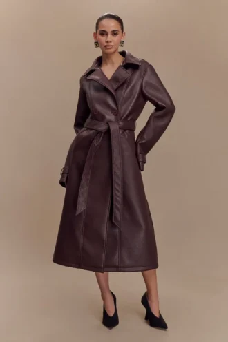 Tarah Faux Leather Trench Coat – Cacao Brown